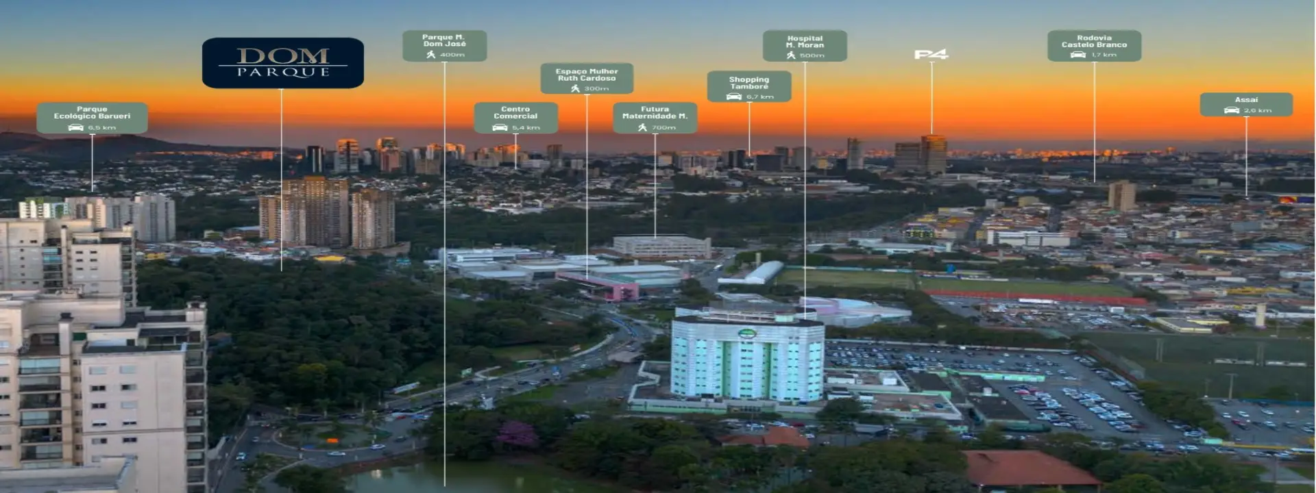 Mapa de localização do Dom Parque Barueri mostrando proximidade com o Parque Dom José, Shopping Tamboré e Rodovia Castelo Branco