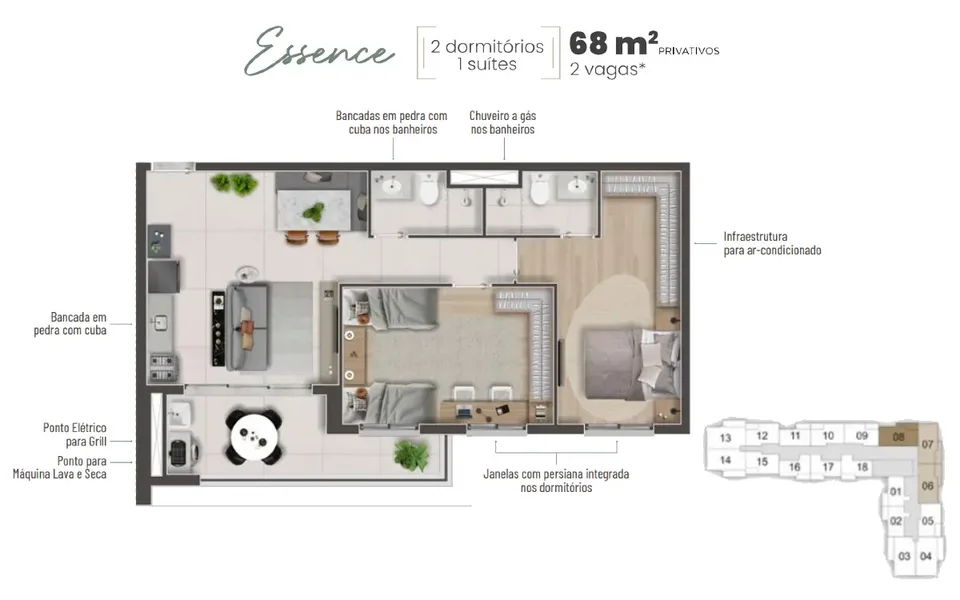 Essence 68,06 m² · 2 dorms (1 suíte)